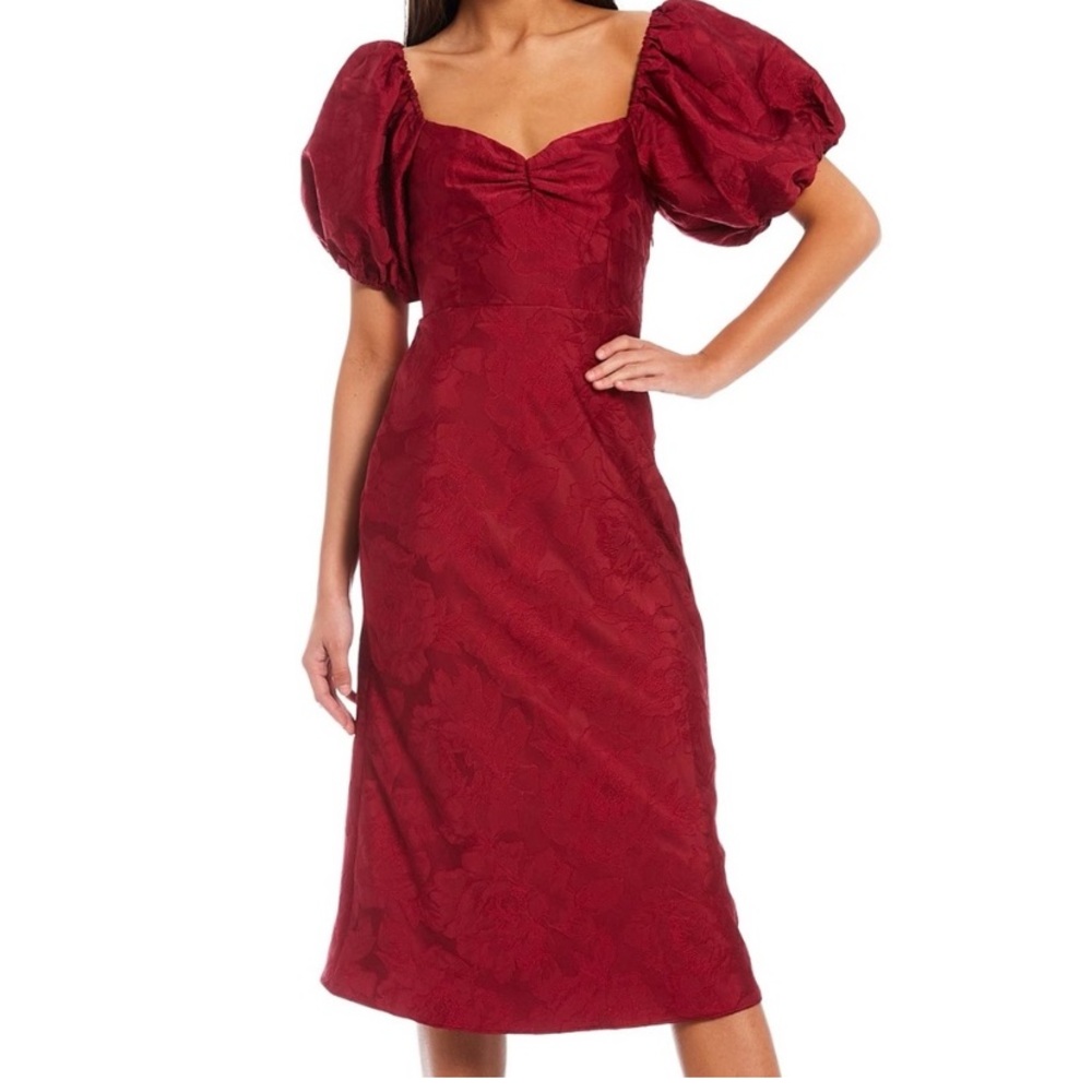 Revolve Sachin + Babi Burgundy Red Maroon Puff Sleeve Jacquard MIDI Dress